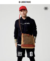 Canvas Leather Mens Distressed Brown Vertical Side Bag Messenger Bag Canvas Courier Bag for Men