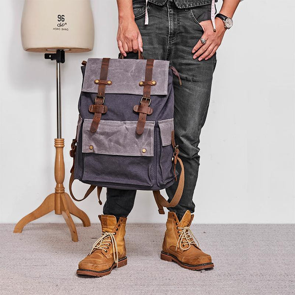 Canvas Leather Mens Backpack 15 inches Travel Green Backpacks Satchel Backpack Canvas School Backpack for Men - imessengerbags