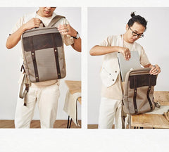 Canvas Leather Mens Backpack Canvas Khaki Travel Backpack Laptop Satchel Backpack for Men - imessengerbags