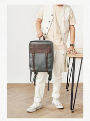 Canvas Leather Mens Backpack Canvas Khaki Travel Backpack Laptop Satchel Backpack for Men - imessengerbags