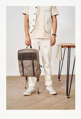 Canvas Leather Mens Backpack Canvas Khaki Travel Backpack Laptop Satchel Backpack for Men - imessengerbags