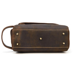 Brown Leather Men's Clutch Bag Double Zipped Dark Brown Wristlet Handbag Storage Bag For Men