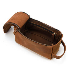 Brown Leather Men's Clutch Bag Double Zipped Dark Brown Wristlet Handbag Storage Bag For Men - imessengerbags