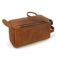 Brown Leather Men's Clutch Bag Double Zipped Dark Brown Wristlet Handbag Storage Bag For Men