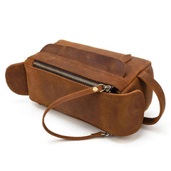 Brown Leather Men's Clutch Bag Double Zipped Dark Brown Wristlet Handbag Storage Bag For Men