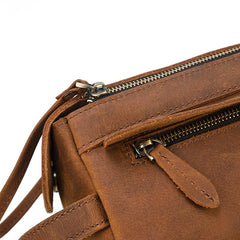 Brown Leather Men's Clutch Bag Double Zipped Dark Brown Wristlet Handbag Storage Bag For Men - imessengerbags