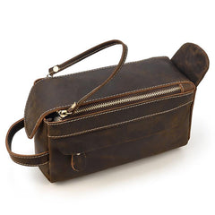 Brown Leather Men's Clutch Bag Double Zipped Dark Brown Wristlet Handbag Storage Bag For Men