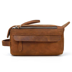Brown Leather Men's Clutch Bag Double Zipped Dark Brown Wristlet Handbag Storage Bag For Men - imessengerbags