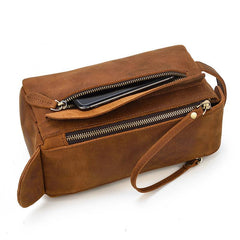 Brown Leather Men's Clutch Bag Double Zipped Dark Brown Wristlet Handbag Storage Bag For Men - imessengerbags
