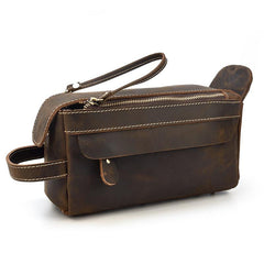 Brown Leather Men's Clutch Bag Double Zipped Dark Brown Wristlet Handbag Storage Bag For Men