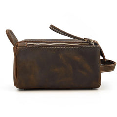 Brown Leather Men's Clutch Bag Double Zipped Dark Brown Wristlet Handbag Storage Bag For Men