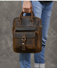 Vintage Leather Mens 10'' Vertical Brown Briefcase Handbag Bag Shoulder Bag Side Bag For Men - imessengerbags