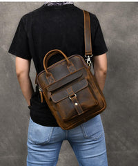 Vintage Leather Mens 10'' Vertical Brown Briefcase Handbag Bag Shoulder Bag Side Bag For Men - imessengerbags