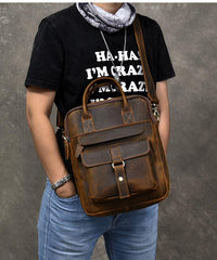 Vintage Leather Mens 10'' Vertical Brown Briefcase Handbag Bag Shoulder Bag Side Bag For Men - imessengerbags