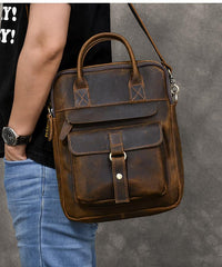 Vintage Leather Mens 10'' Vertical Brown Briefcase Handbag Bag Shoulder Bag Side Bag For Men - imessengerbags
