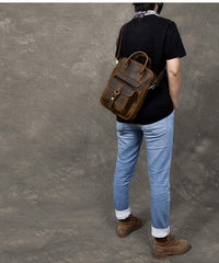 Vintage Leather Mens 10'' Vertical Brown Briefcase Handbag Bag Shoulder Bag Side Bag For Men - imessengerbags