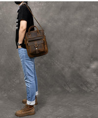 Vintage Leather Mens 10'' Vertical Brown Briefcase Handbag Bag Shoulder Bag Side Bag For Men - imessengerbags