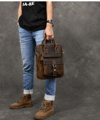 Vintage Leather Mens 10'' Vertical Brown Briefcase Handbag Bag Shoulder Bag Side Bag For Men - imessengerbags
