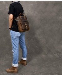 Vintage Leather Mens 10'' Vertical Brown Briefcase Handbag Bag Shoulder Bag Side Bag For Men - imessengerbags