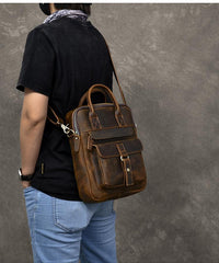 Vintage Leather Mens 10'' Vertical Brown Briefcase Handbag Bag Shoulder Bag Side Bag For Men - imessengerbags