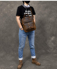 Vintage Leather Mens 10'' Vertical Brown Briefcase Handbag Bag Shoulder Bag Side Bag For Men - imessengerbags