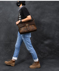 Vintage Leather Mens 13‘’ Brown Side Bag Messenger Bag Courier Bag For Men - imessengerbags