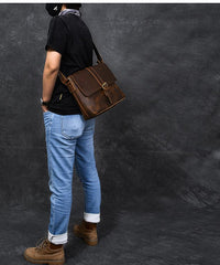 Vintage Leather Mens 13‘’ Brown Side Bag Messenger Bag Courier Bag For Men - imessengerbags
