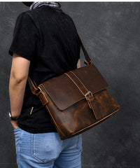 Vintage Leather Mens 13‘’ Brown Side Bag Messenger Bag Courier Bag For Men - imessengerbags