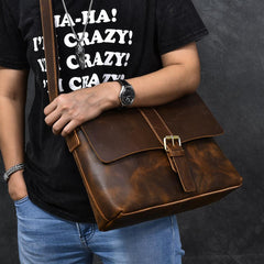 Vintage Leather Mens 13‘’ Brown Side Bag Messenger Bag Courier Bag For Men - imessengerbags