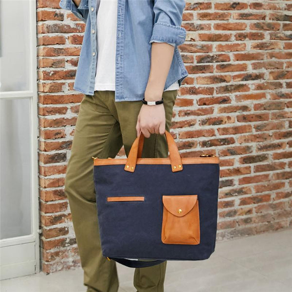 Canvas Leather Mens 14" Caramel Briefcase Bag Tote Shoulder Bag Green Tote Bag for Men - imessengerbags