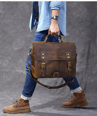 Leather Mens Brown Briefcase 14'' Laptop Bag Messenger Bag Shoulder Bag For Men - imessengerbags