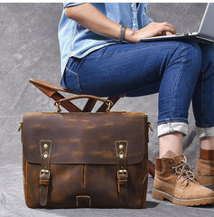 Leather Mens Brown Briefcase 14'' Laptop Bag Messenger Bag Shoulder Bag For Men - imessengerbags