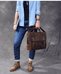 Leather Mens Brown Briefcase 14'' Laptop Bag Messenger Bag Shoulder Bag For Men - imessengerbags