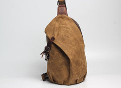 Canvas Leather Mens Camouflage Chest Bag One Shoulder Backpack Khaki Sling Bag for Men - imessengerbags