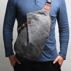 Canvas Leather Mens Camouflage Chest Bag One Shoulder Backpack Khaki Sling Bag for Men - imessengerbags