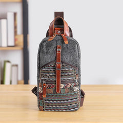 Canvas Mens Folk Gray Chest Bag One Shoulder Backpack Gray Sling Bag for Men