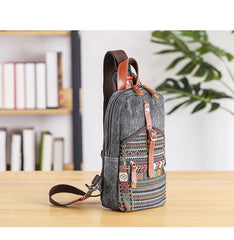 Canvas Mens Folk Gray Chest Bag One Shoulder Backpack Gray Sling Bag for Men