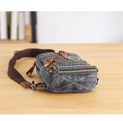 Canvas Mens Folk Gray Chest Bag One Shoulder Backpack Gray Sling Bag for Men