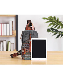 Canvas Mens Folk Gray Chest Bag One Shoulder Backpack Gray Sling Bag for Men - imessengerbags