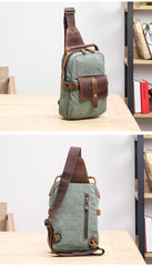 Canvas Leather Mens Khaki Chest Bag One Shoulder Backpack Green Sling Bag for Men - imessengerbags