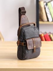 Canvas Leather Mens Khaki Chest Bag One Shoulder Backpack Green Sling Bag for Men