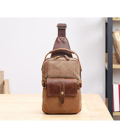 Canvas Leather Mens Khaki Chest Bag One Shoulder Backpack Green Sling Bag for Men - imessengerbags