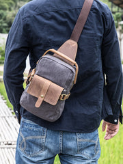 Canvas Leather Mens Khaki Chest Bag One Shoulder Backpack Green Sling Bag for Men - imessengerbags