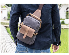 Canvas Leather Mens Khaki Chest Bag One Shoulder Backpack Green Sling Bag for Men - imessengerbags
