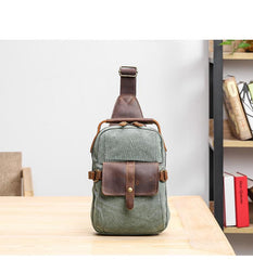 Canvas Leather Mens Khaki Chest Bag One Shoulder Backpack Green Sling Bag for Men - imessengerbags