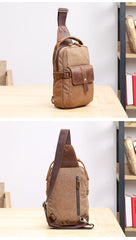Canvas Leather Mens Khaki Chest Bag One Shoulder Backpack Green Sling Bag for Men - imessengerbags