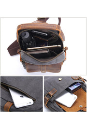 Canvas Leather Mens Khaki Chest Bag One Shoulder Backpack Green Sling Bag for Men - imessengerbags