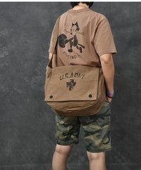 Canvas Leather Mens Large Brown Side Bag 14'' Army Green Messenger Bag Postman Bag For Men - imessengerbags