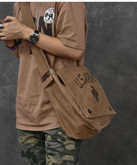 Canvas Leather Mens Large Brown Side Bag 14'' Army Green Messenger Bag Postman Bag For Men - imessengerbags