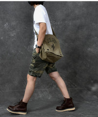 Canvas Leather Mens Large Brown Side Bag 14'' Army Green Messenger Bag Postman Bag For Men - imessengerbags